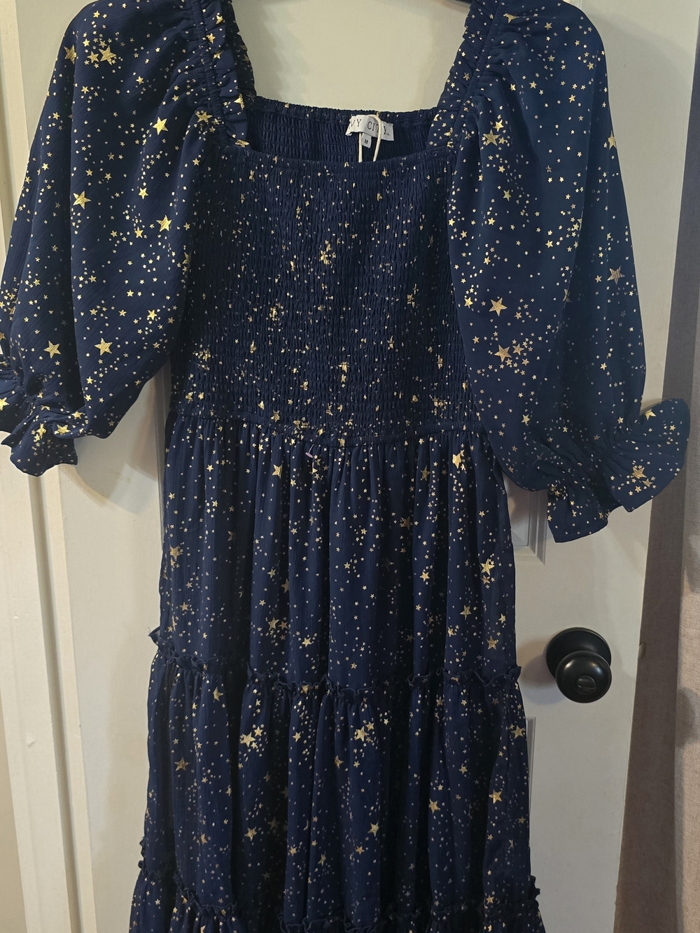 Ivy City Co Navy Gold Star Smocked Midi Dress Size M